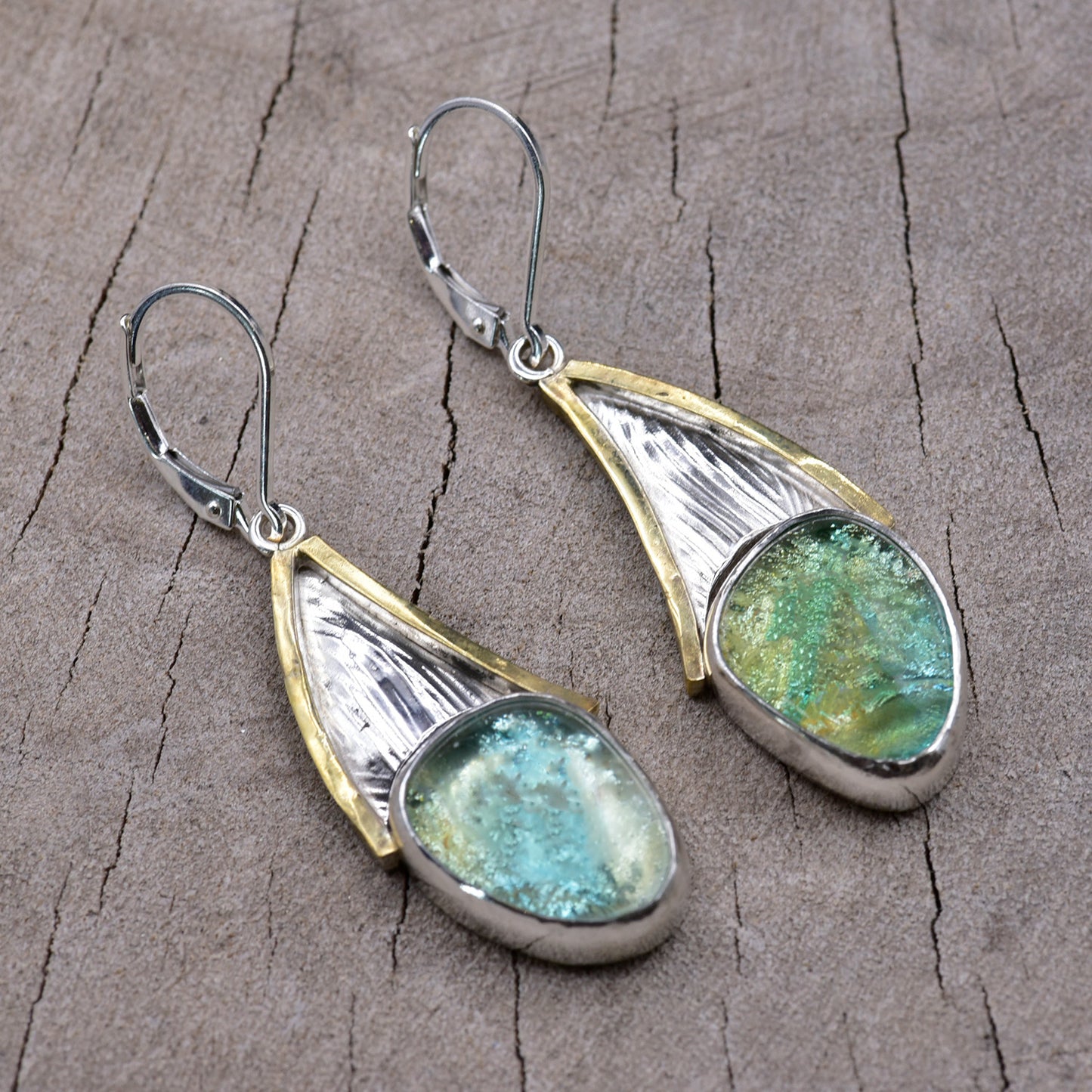 Fused dichroic glass earrings in handmade settings of sterling silver accented with gold E945)