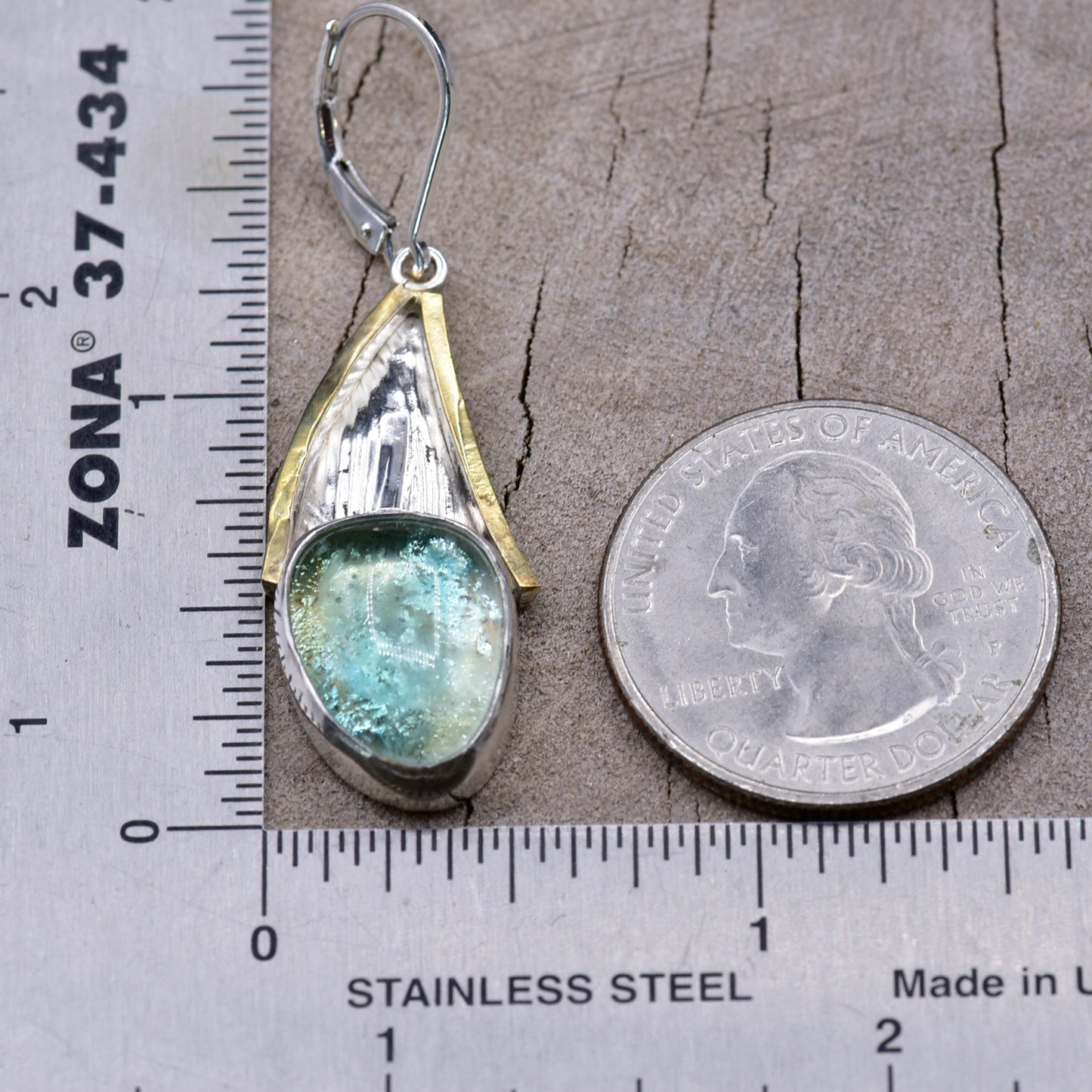 Fused dichroic glass earrings in handmade settings of sterling silver accented with gold E945)