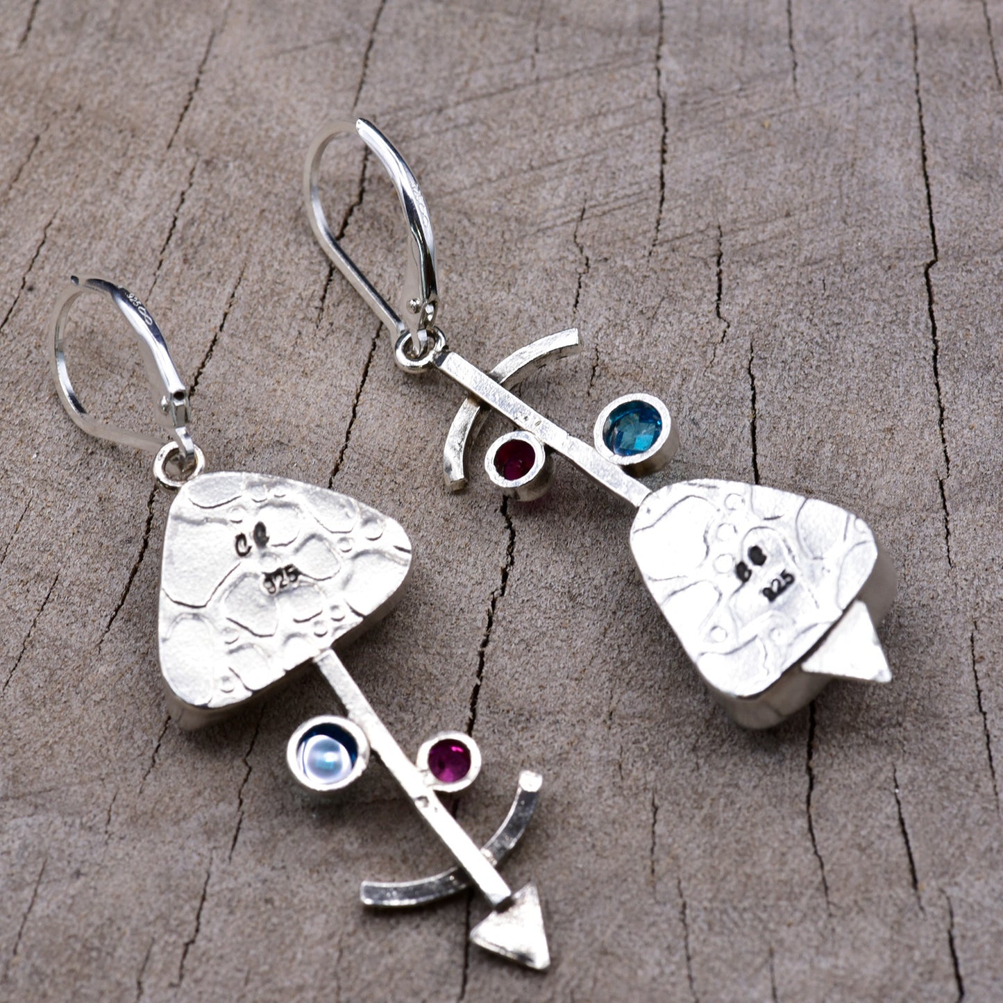 Fused dichroic glass earrings in handmade settings of sterling silver accented with gold (E946)