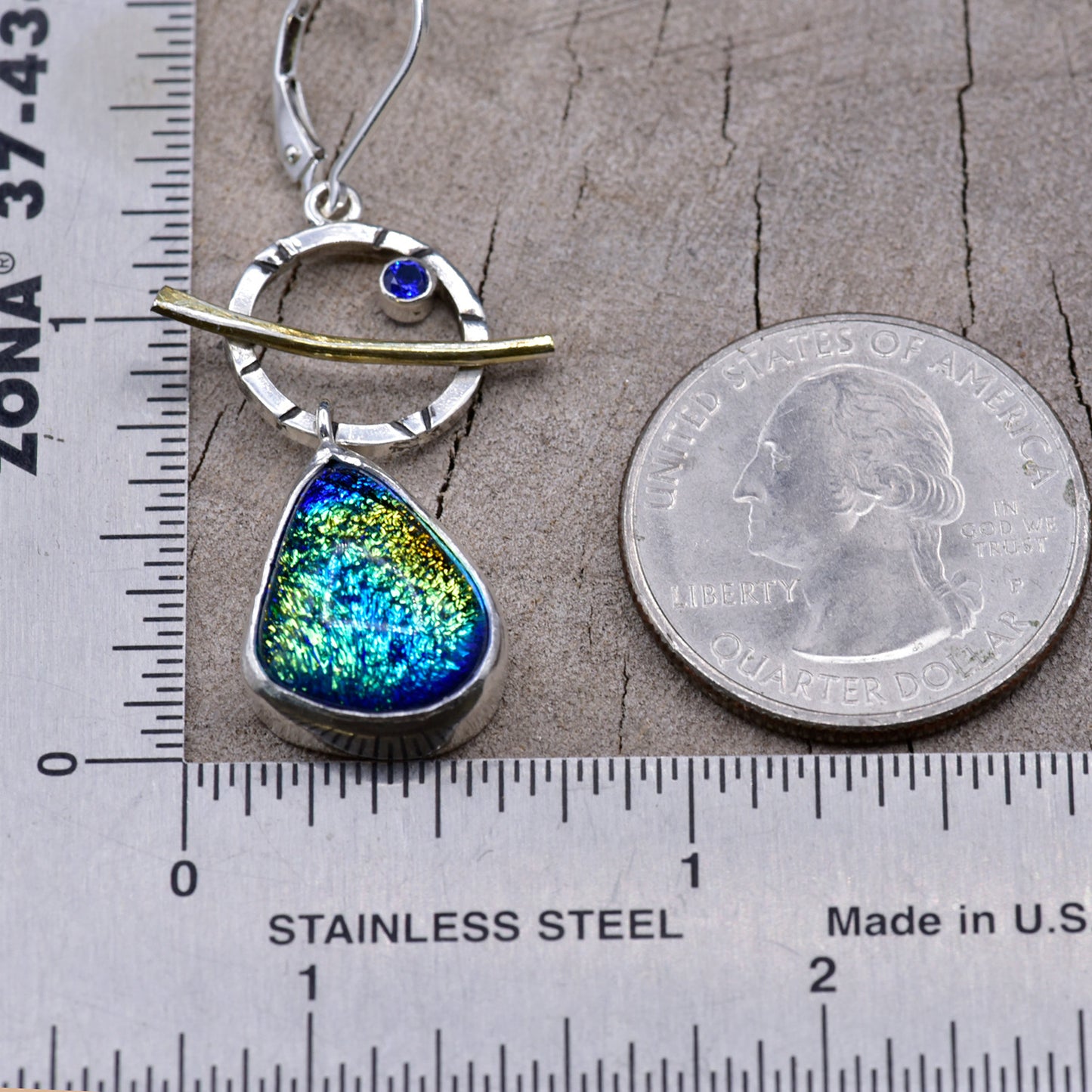 Fused dichroic glass earrings in hand crafted settings of sterling silver accented with gold (E947)