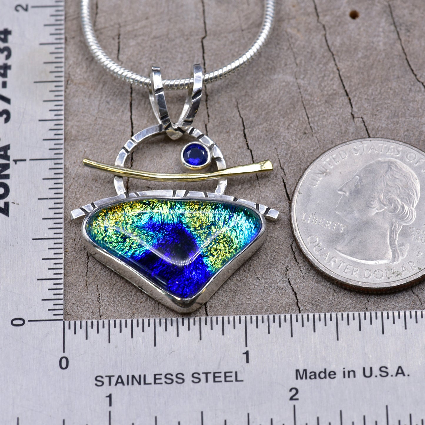 Fused dichroic glass necklace in a hand crafted setting of sterling silver accented with gold (N948)