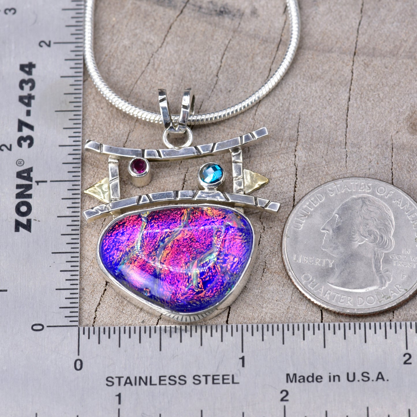 Fused dichroic glass necklace in a hand crafted setting of sterling silver accented with gold (N949)