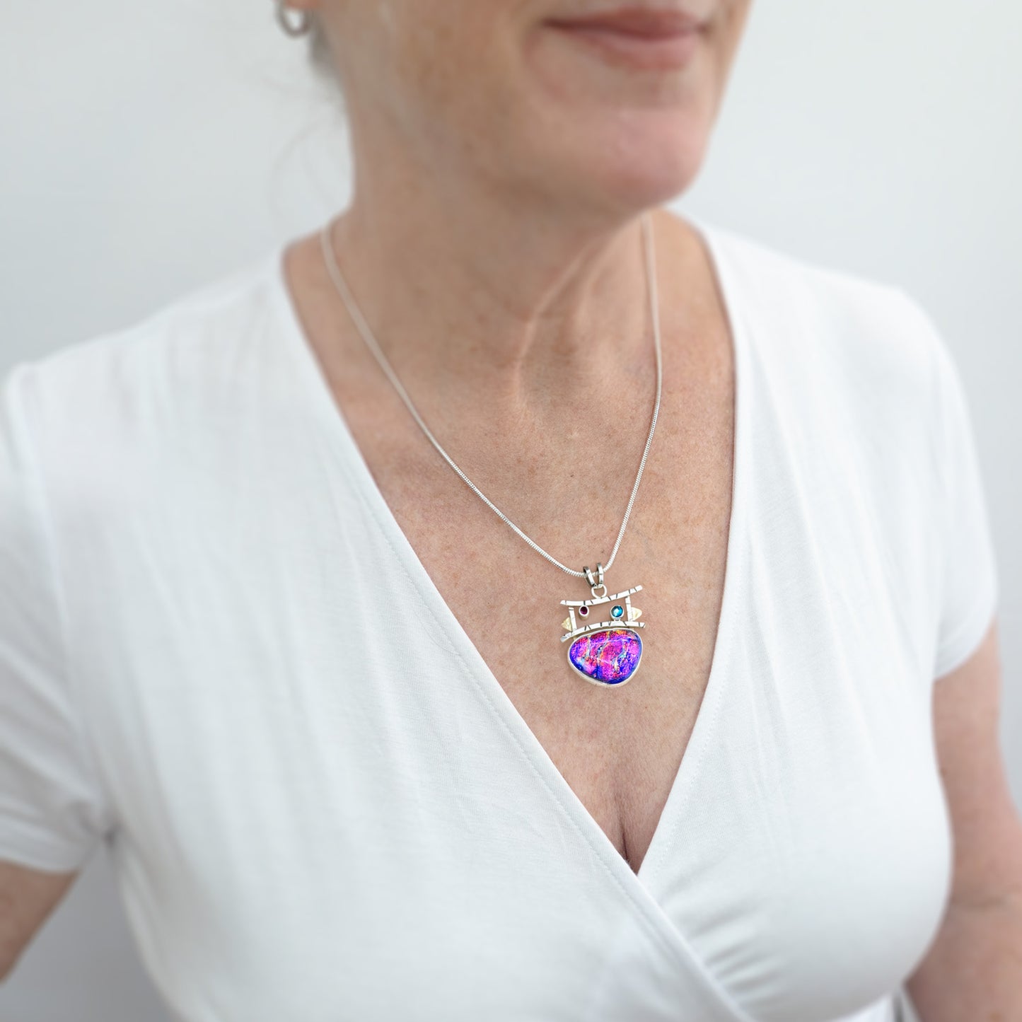 Artisan Dichroic Glass Pendant Necklace | Magenta, Violet & Blue | Ruby Red & Blue Topaz Cubic Zirconia Accents | Sterling Silver