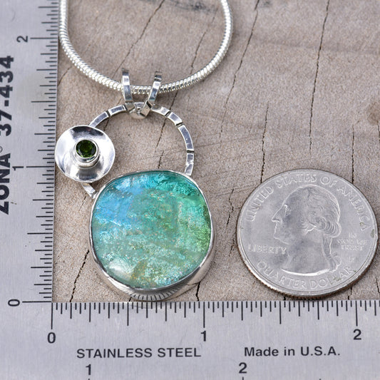 Artisan Aqua & Green Fused Glass Pendant Necklace | Circular Setting | Peridot Green Cubic Zirconia Accent | Sterling Silver