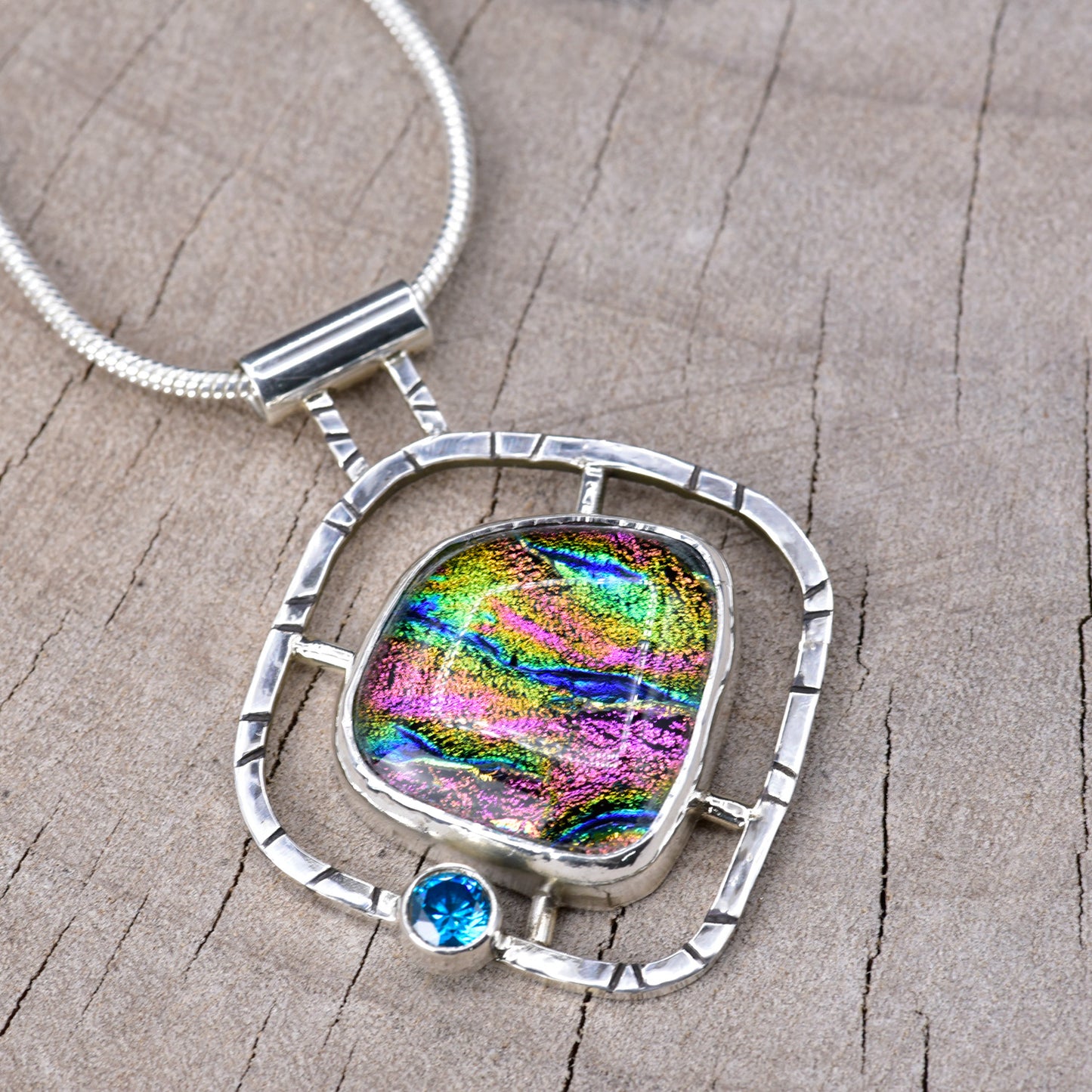 Fused dichroic glass necklace in a hand crafted setting of sterling silver (N951)