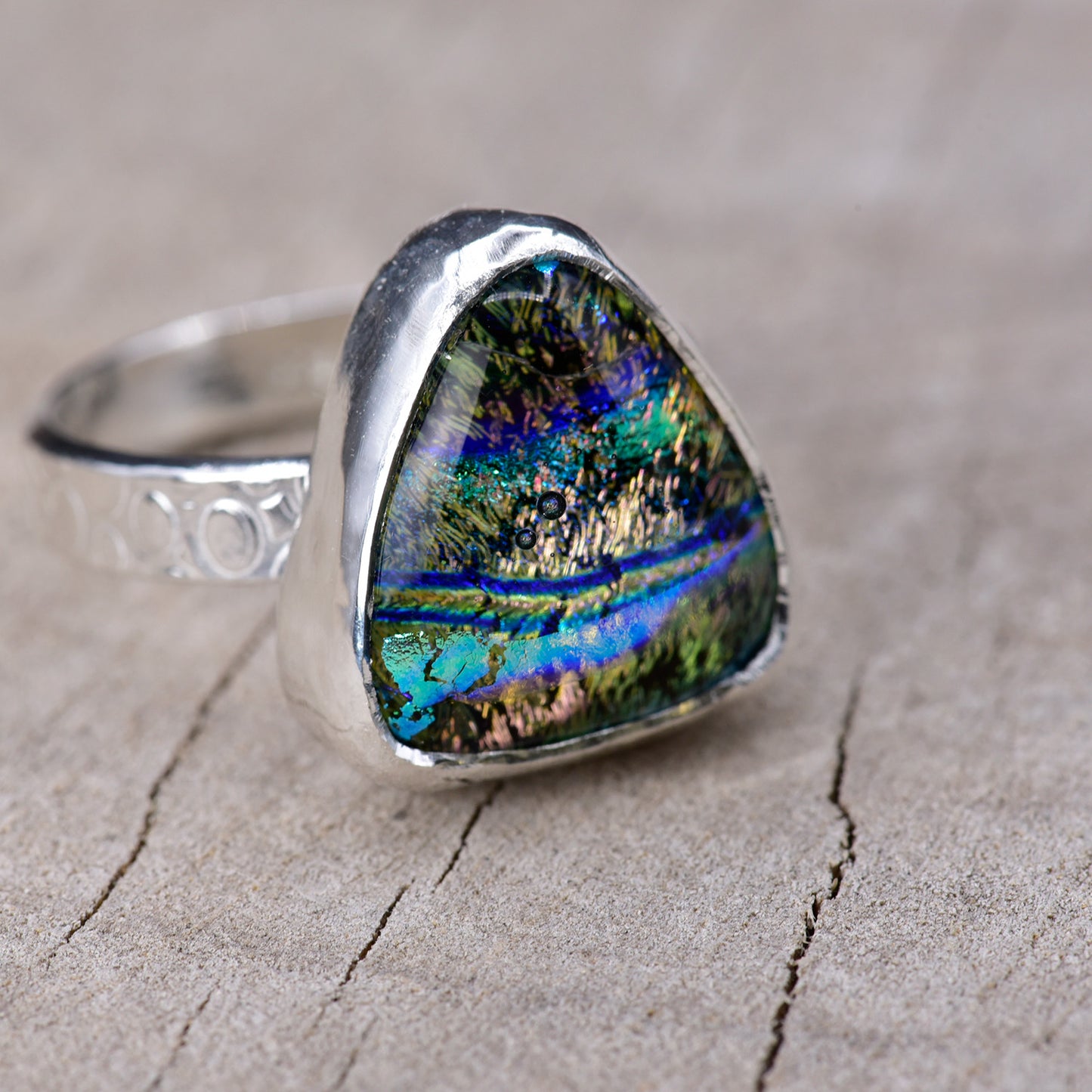 Artisan Dichroic Glass Cocktail Ring | Peacock Blue, Teal, Gold & Green | Sterling Silver | Size 7