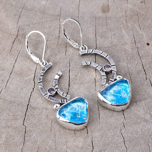 Artisan Turquoise Dichroic Fused Glass & CZ Drop Earrings | Crescent | Sterling Silver