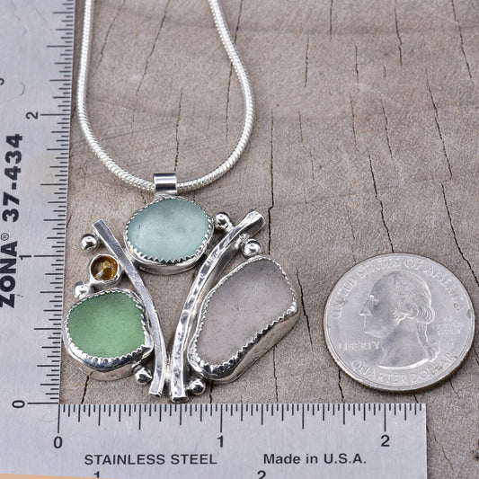 Artisan Triple Sea Glass & Topaz Statement Pendant | Aqua, Green & Lavender | Sterling Silver
