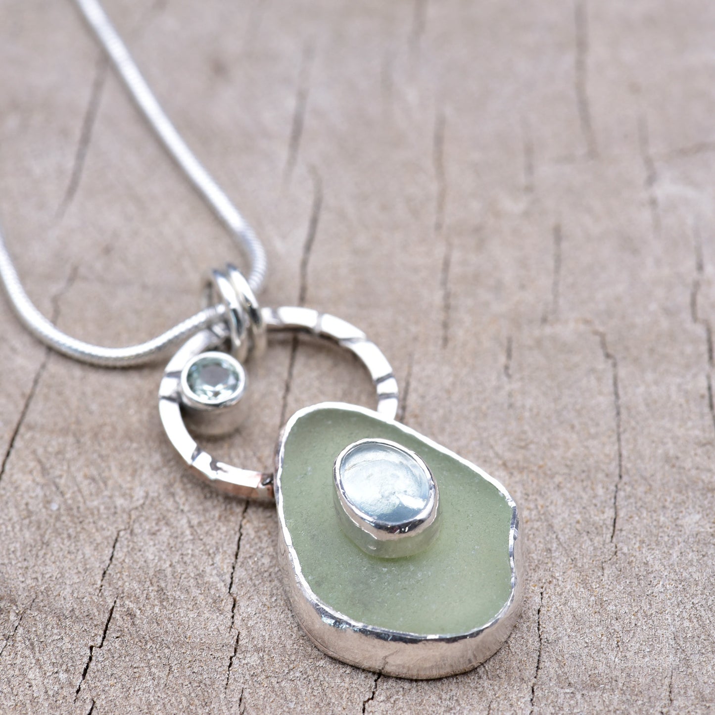 Artisan Sea Glass & Aquamarine Pendant Necklace | Hand-Stamped Sterling Silver