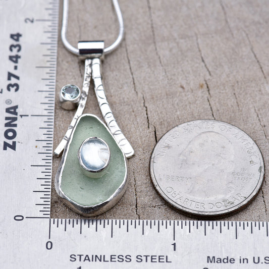 Artisan Sea Glass & Aquamarine Pendant Necklace | Sterling Silver