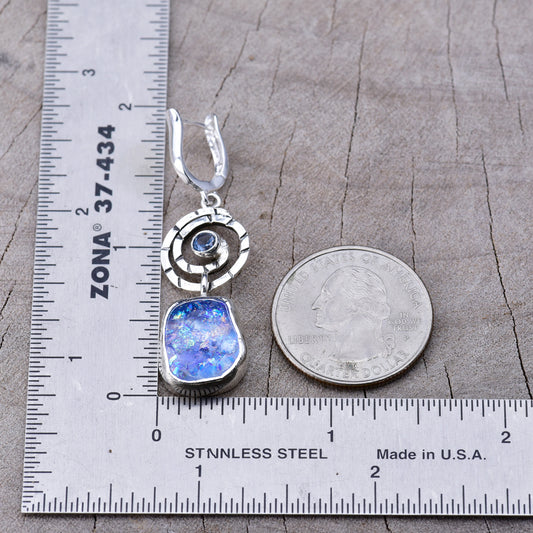 Artisan Blue Dichroic Fused Glass & CZ Long Drop Earrings | Sterling Silver