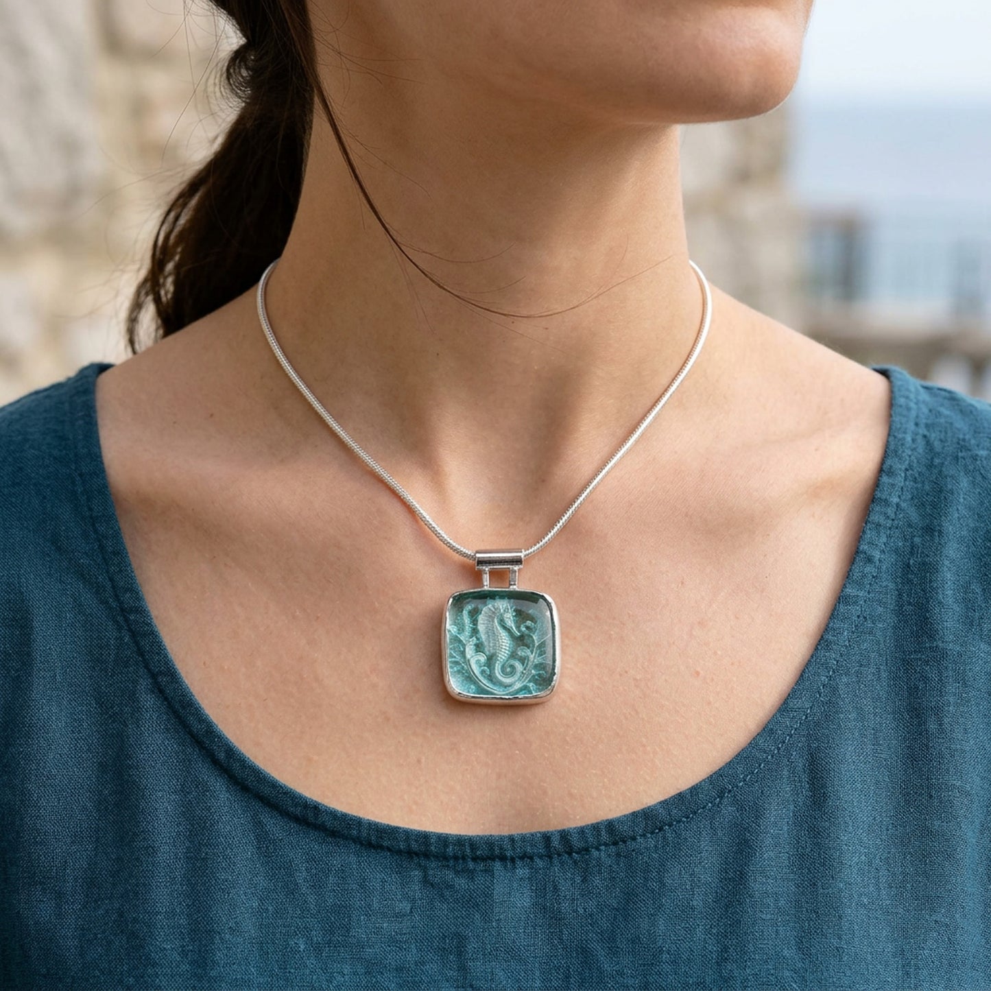 Artisan Seahorse & Coral Fused Glass Pendant Necklace | Sterling Silver
