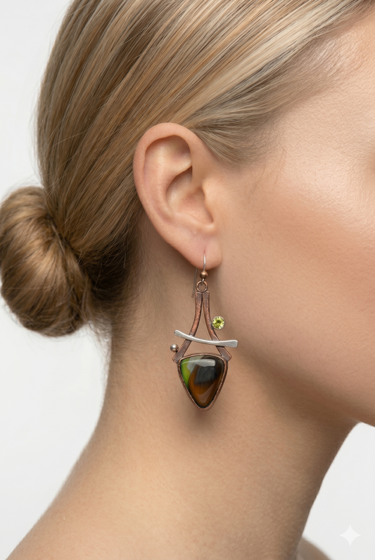 Artisan Earth Tone Fused Glass & Peridot Drop Earrings | Copper & Sterling Silver