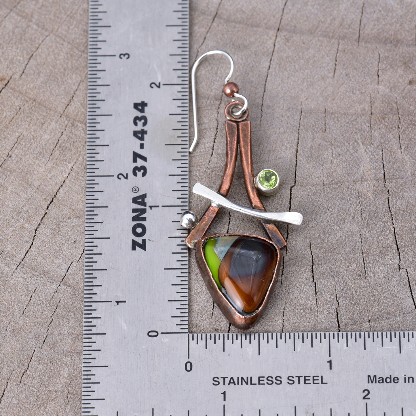 Artisan Earth Tone Fused Glass & Peridot Drop Earrings | Copper & Sterling Silver
