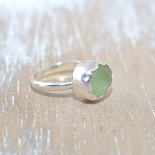 Artisan Seafoam Green Sea Glass Ring | Scalloped Bezel Handmade Sterling Silver | Size 5.5