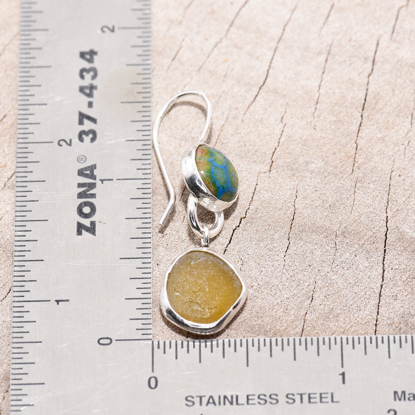 Sea glass and enamel earrings in sterling silver settings. (E465)