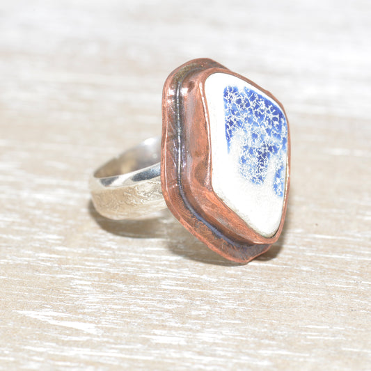 Artisan Blue & White Sea Pottery Ring | Textured Oxidized Copper & Sterling Silver | Size 7.5