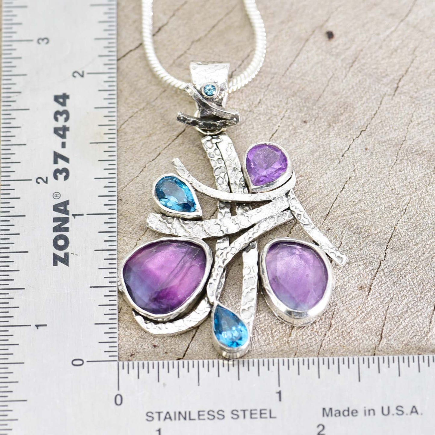 Artisan gemstone pendant necklace with fluorite, amethyst and blue topaz in handcrafted setting of sterling silver (N743)