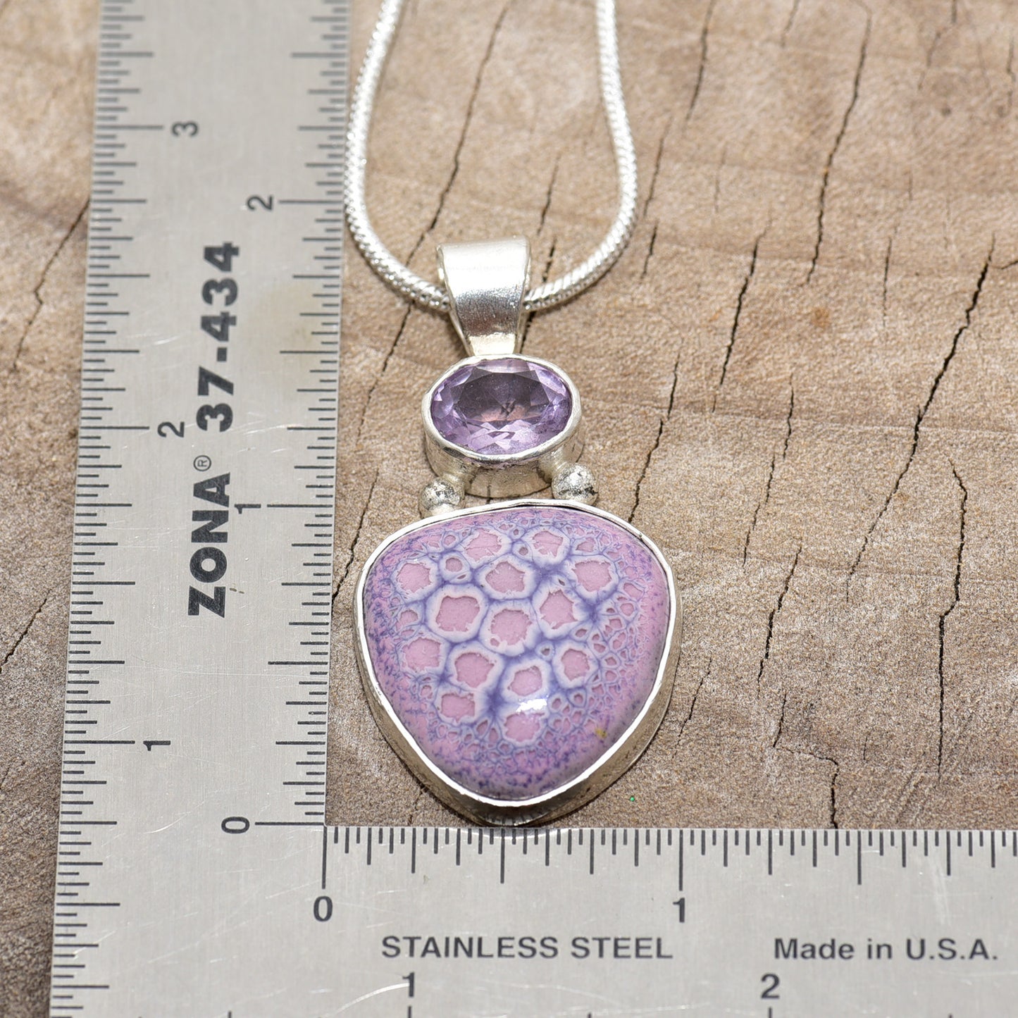 Artisan Pink & Purple Enamel Pendant Necklace | Handcrafted Sterling Silver | Genuine Oval Amethyst