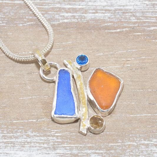 Sea glass pendant necklace with semi-precious stones in sterling silver. (N605)