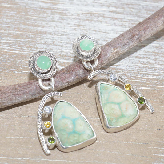 Dangle earrings with enamel cabochons accent with sparkly cubic zirconia in hand crafted sterling silver settings (E617)