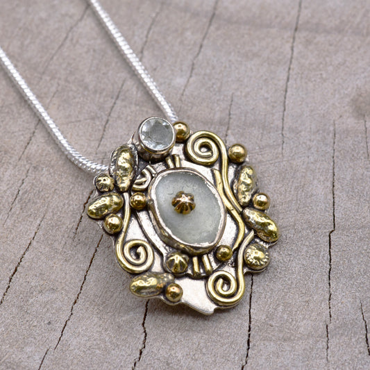 Studded sea glass necklace in a handmade setting of sterling silver (N698)