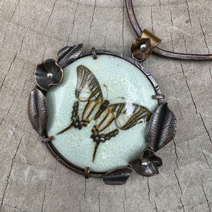 Enamel butterfly pendant  in a handcrafted copper setting on a handmade neck wire (N719)