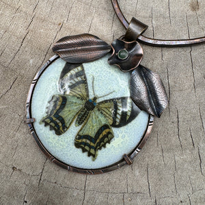 Enamel butterfly pendant  in a handcrafted copper setting on a handmade neck wire (N720)