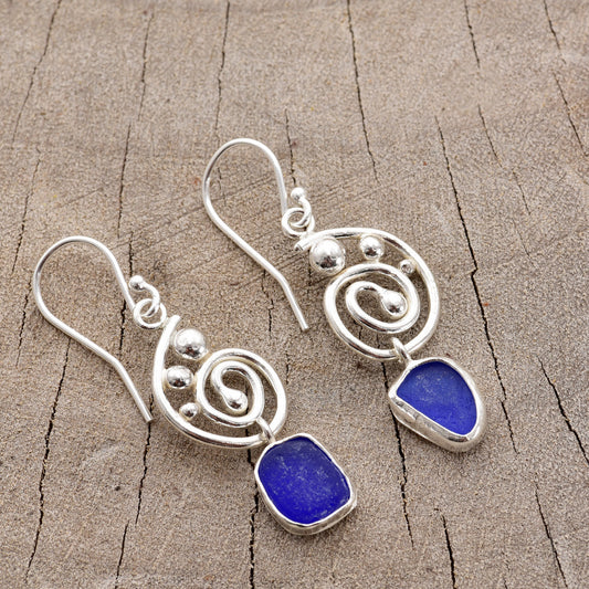 Cobalt blue sea glass dangle earrings in hand crafted settings of sterling silver (E780)