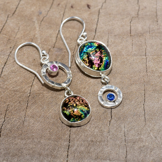 Flashy multicolor dichroic glass earrings in hand crafted settings of sterling silver. m(E819)