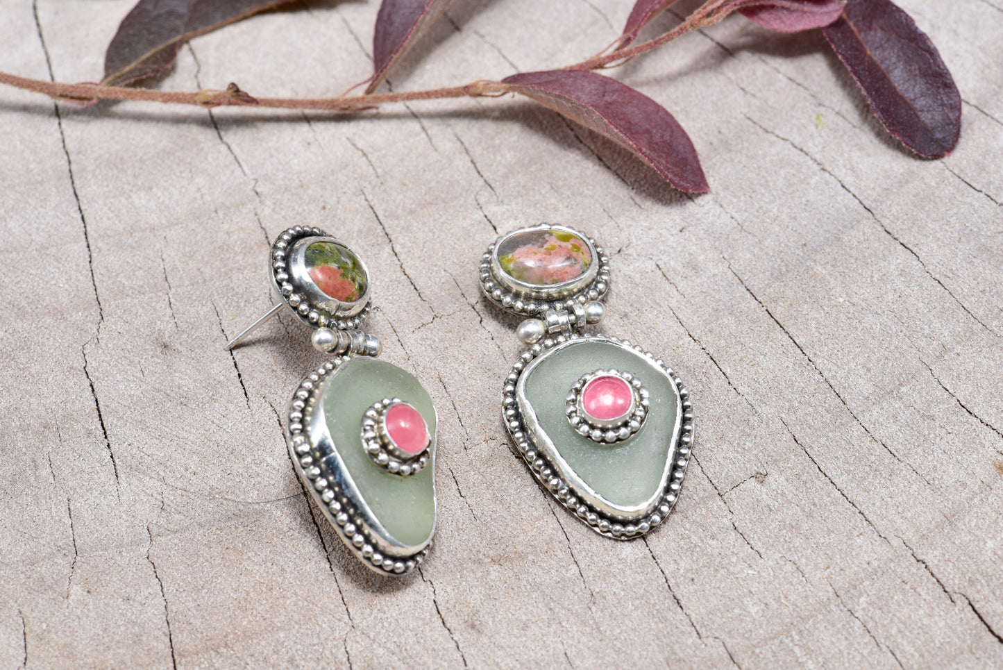 Sea glass and stone earrings in hand crafted settings of sterling silver. (E833)