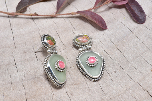 Sea glass and stone earrings in hand crafted settings of sterling silver. (E833)