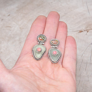 Sea glass and stone earrings in hand crafted settings of sterling silver. (E833)