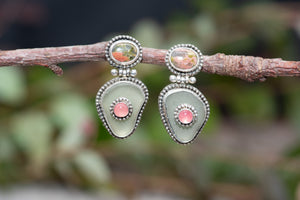 Sea glass and stone earrings in hand crafted settings of sterling silver. (E833)