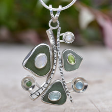 Load image into Gallery viewer, Sea glass and gemstone pendant necklace in a hand fabricated sterling silver setting (N834)
