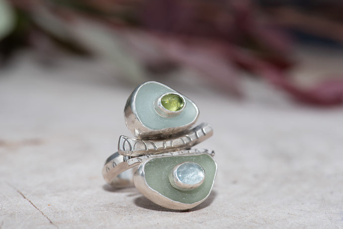 Sea glass and gemstone ring in a hand fabricated sterling silver setting (R835)