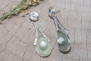 Sea glass and gemstone earrings in a hand fabricated sterling silver settings (E836)