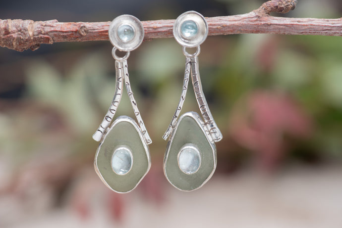 Sea glass and gemstone earrings in a hand fabricated sterling silver settings (E836)