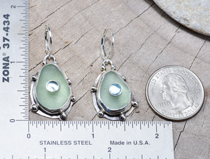 Sea glass and aquamarine earrings in a hand fabricated sterling silver settings (E837)