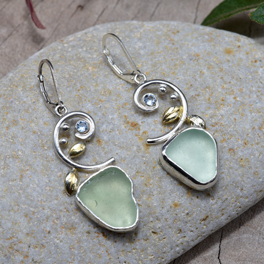 Sea glass earrings in hand crafted settings of sterling silver accented with sparkly cubic zirconias (E838)