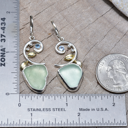 Sea glass earrings in hand crafted settings of sterling silver accented with sparkly cubic zirconias (E838)