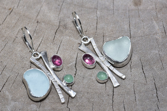 Sea glass earrings in sterling silverSea glass and gemstone earrings in hand crafted settings of sterling silver. (E839)