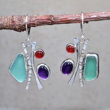 Load image into Gallery viewer, Sea glass and gemstone earrings in hand crafted settings of sterling silver. (E840)
