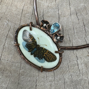 Enamel butterfly pendant  in a handcrafted copper setting on a handmade neckwire (N852)