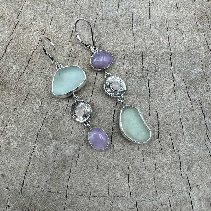 Sea glass earrings accented semi-precious stones in hand crafted settings of sterling silver (E854)