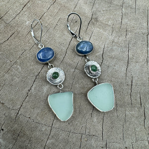 Sea glass earrings accented with semi-precious stones in hand crafted settings of sterling silver (E857)