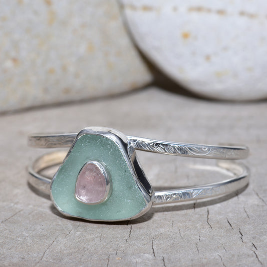 Sea glass cuff bracelet in a hand crafted setting of sterling silver (B859)