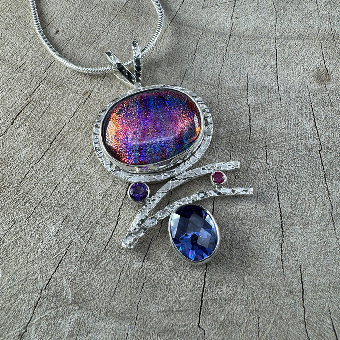 Fused dichoric glass pendant in a hand crafted setting of sterling silver (N860)