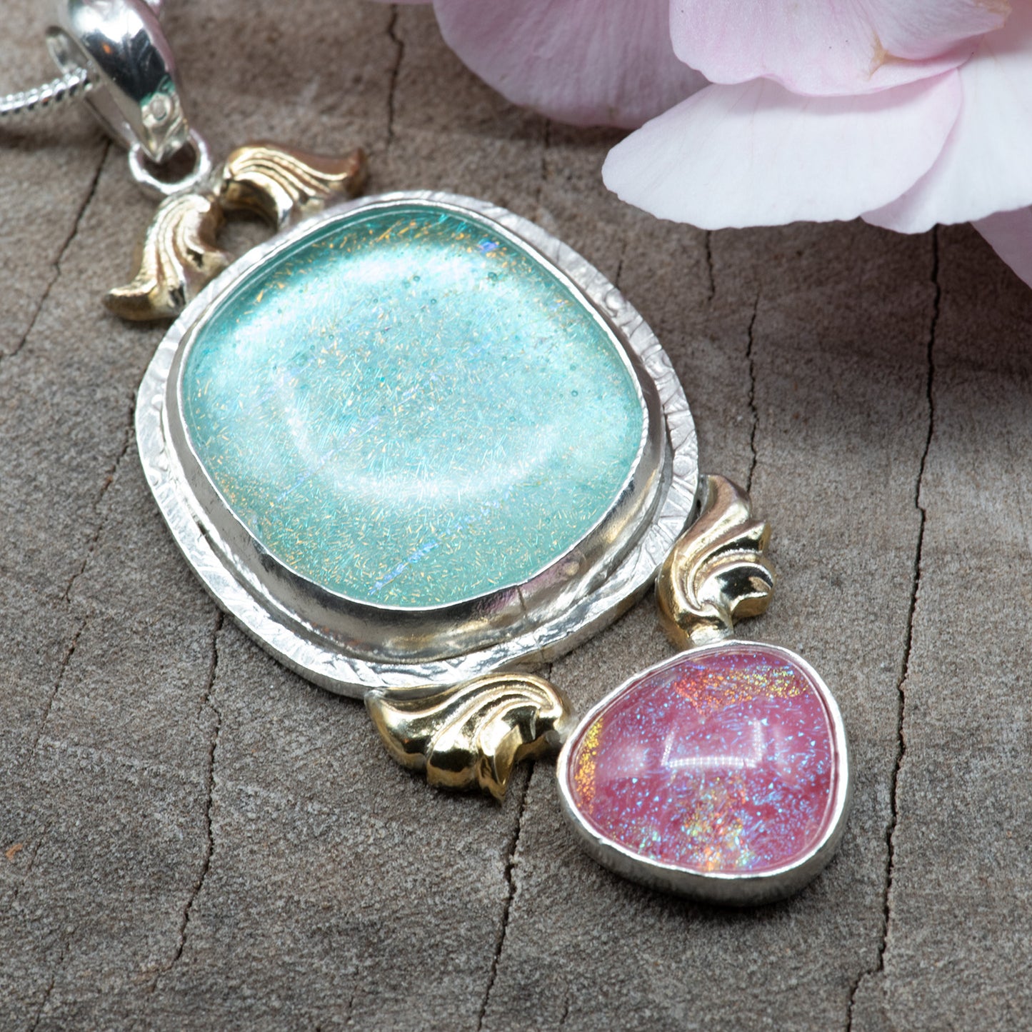 Fused dichoric glass pendant in a hand crafted setting of sterling silver (N863)