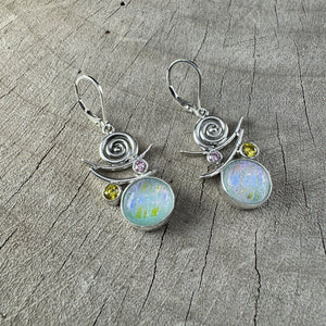 Fused dichroic glass earrings in hand crafted settings of sterling silver (E865)